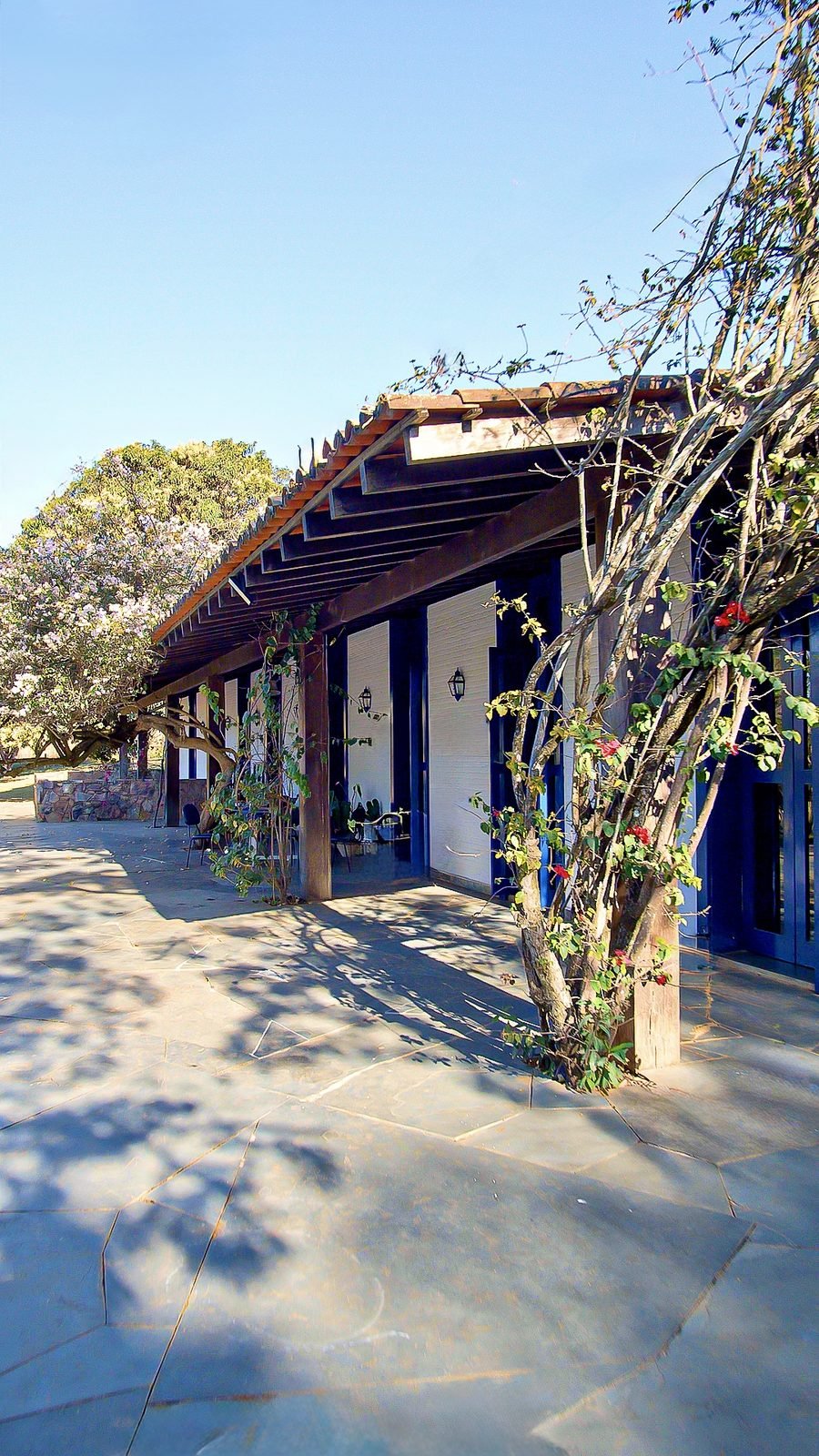 Varanda da casa da Fazendinha JK com a pérgola e as trepadeiras floridas